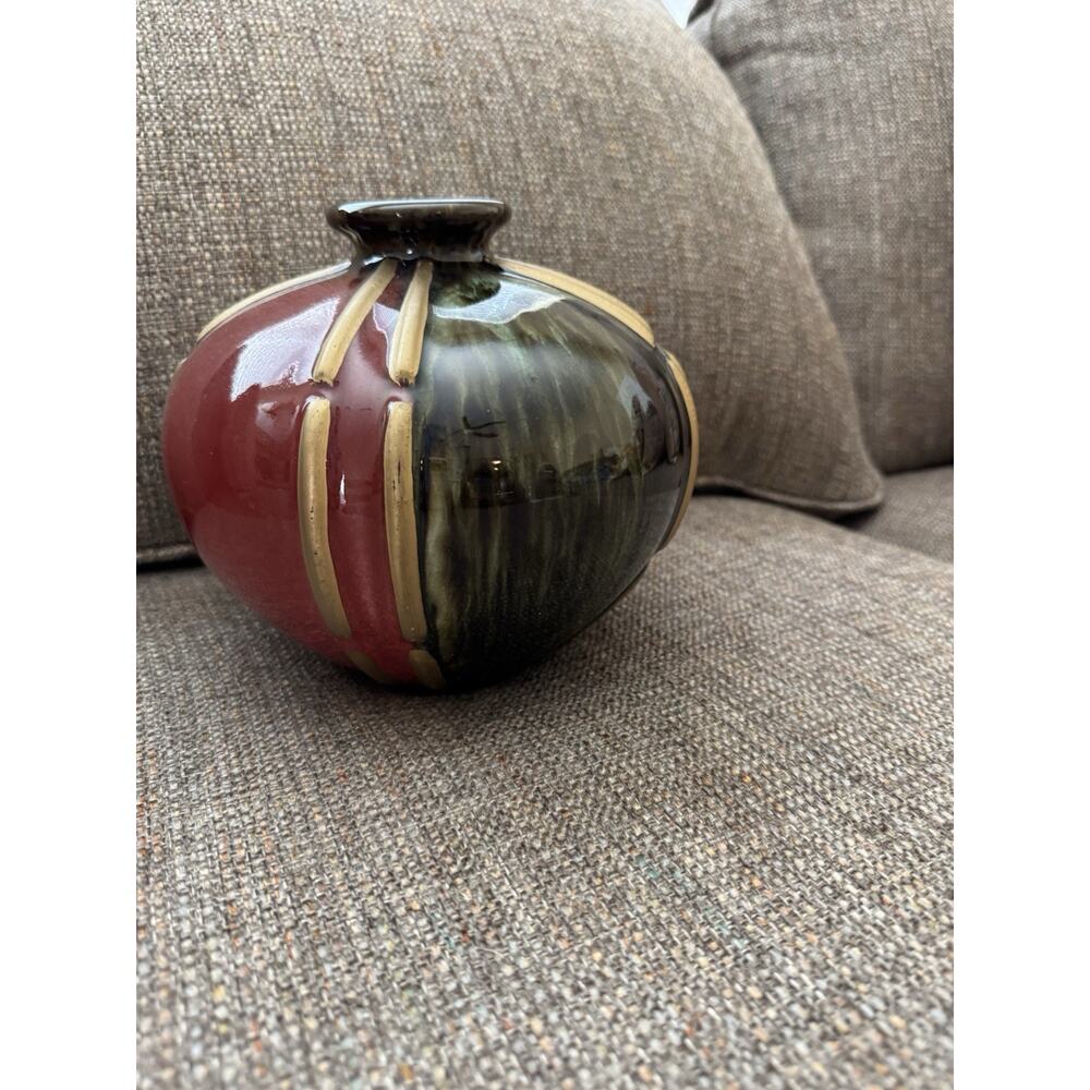 Home Decor Vase Burgundy Green Gold 7-1/2" H x 8" W, 1-1/2" Opening, 2.5”